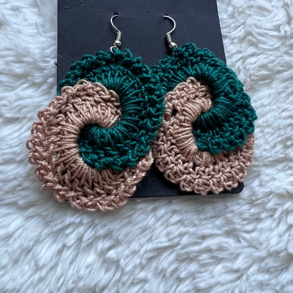 Handmade Crochet Spiral Drop Earrings Green Tan Boho Fiber Art Statement NEW